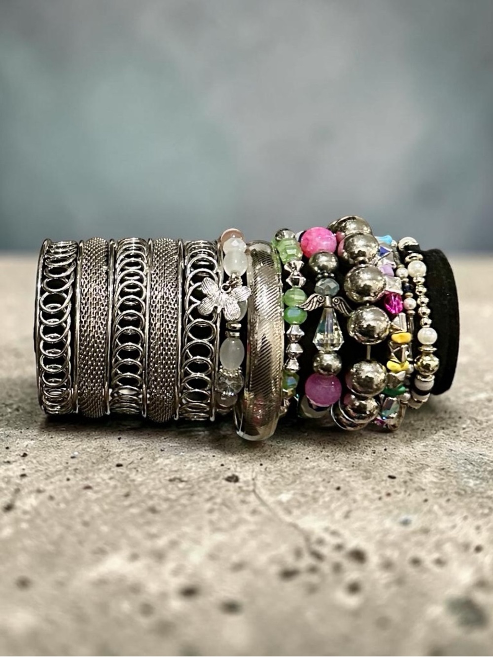Chunky Silver Textured Mesh Bangle & Colorful Beaded Statement Bracelet Stack